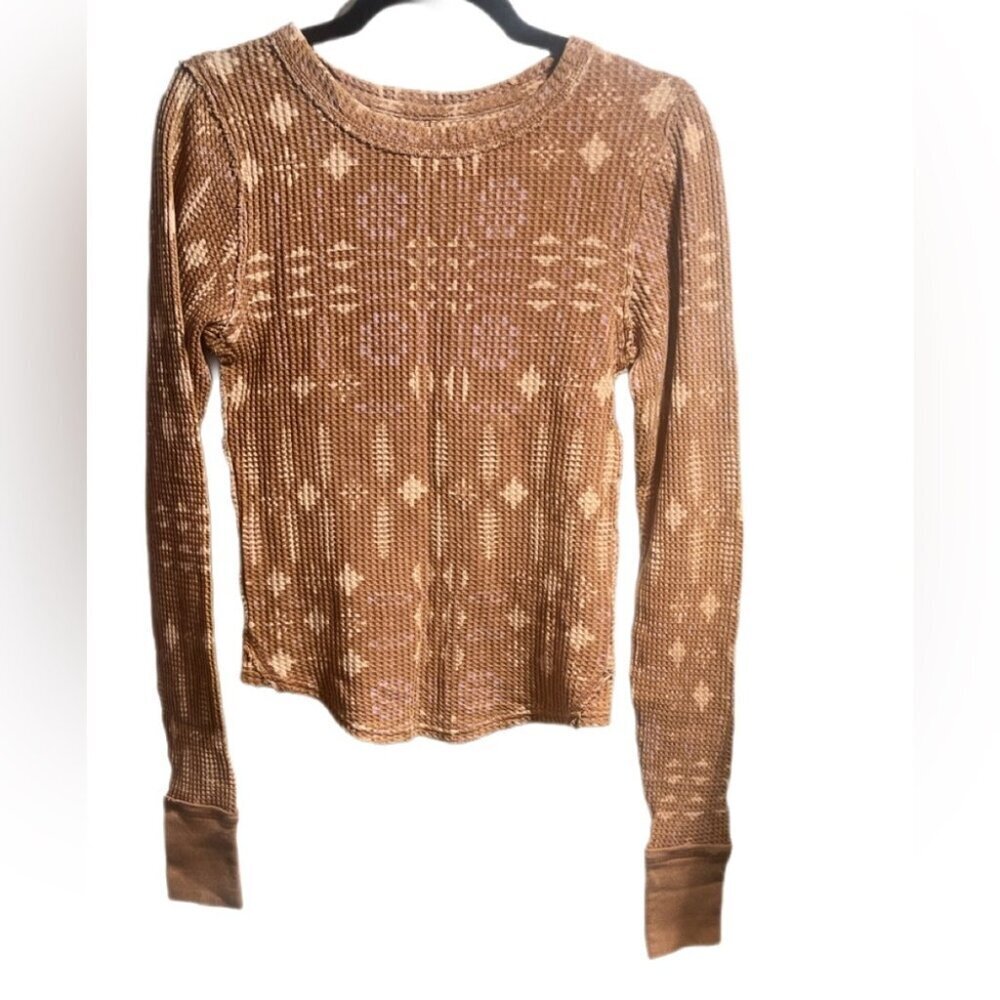 We The Free Pretty Little Thermal Bohemian Trend Tan Patterned Long Sleeve Top S - Picture 2 of 4